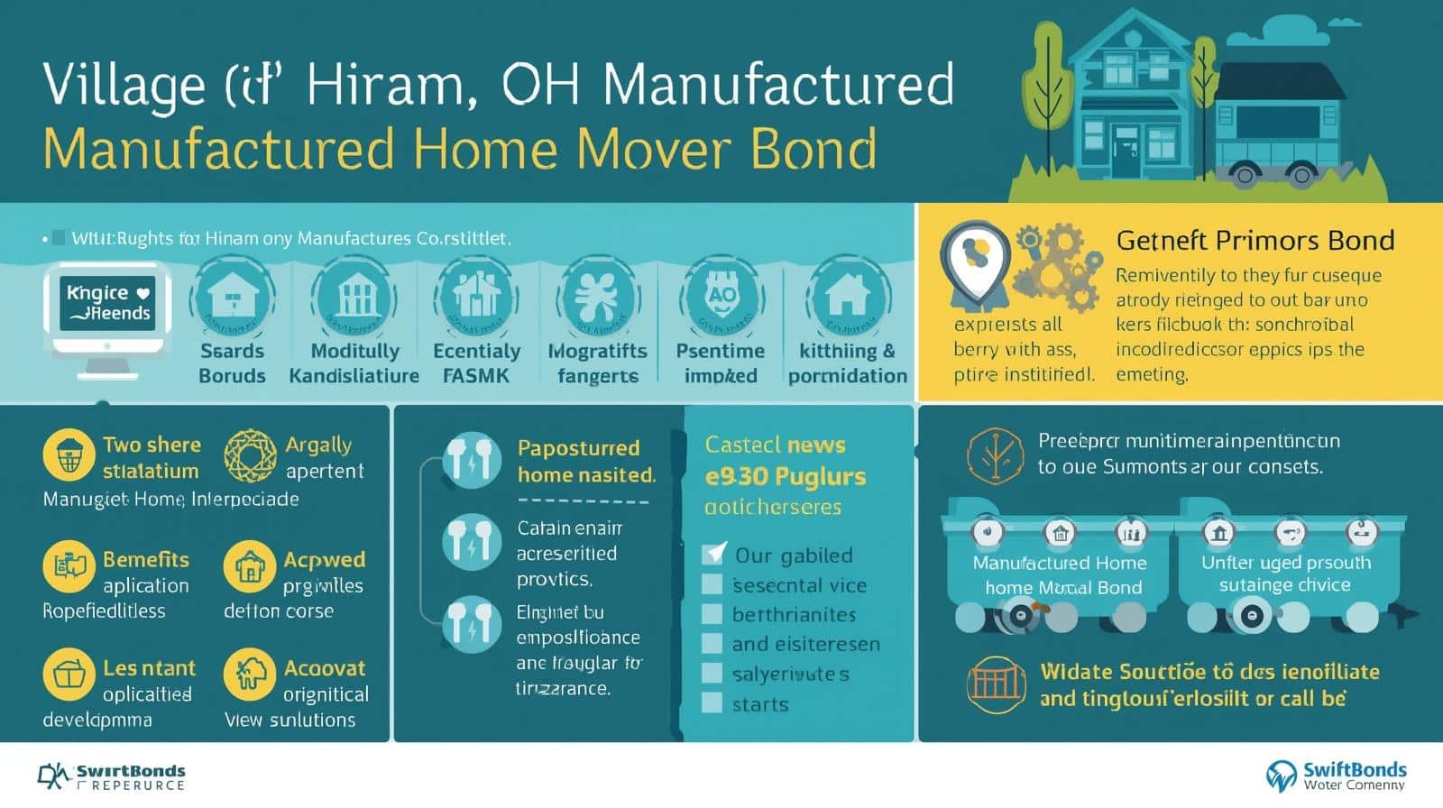 Visual guide outlining benefits, bond process, and compliance details for Hiram, OH Manufactured Home Mover Bond.