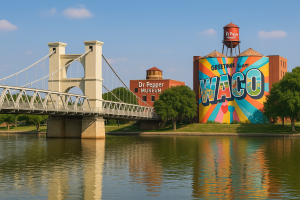 The Waco Suspension Bridge crossing the Brazos River with the historic Dr Pepper Museum and colorful "Greetings from Waco" mural silos in the background.