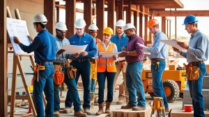 A team of construction workers and architects in safety gear reviewing blueprints on a Waco, Texas construction site with wooden framing in progress.