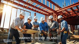 Warwick, Rhode Island contractors on active commercial job site—builders discussing structural plans for city-approved bonded construction project.