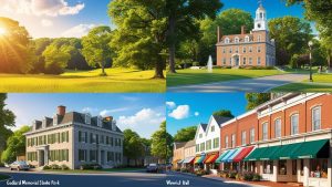 Downtown Warwick, Rhode Island landmarks including Goddard Memorial State Park, Warwick City Hall, historic colonial architecture, and local small businesses—ideal setting for construction and bonding projects.
