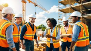 Contractors in Woonsocket, Rhode Island at a construction site with cranes, scaffolding, and high-visibility vests
