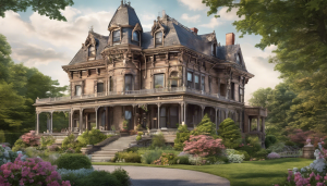 Victorian-era mansion in Woonsocket, Rhode Island with ornate architecture and a landscaped garden in springtime