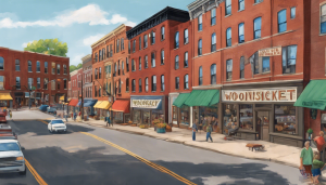 Downtown Woonsocket, Rhode Island streetscape illustration with historic red-brick buildings and local storefronts