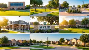 Modern city buildings and community landmarks in Wylie, Texas with manicured lawns and walking paths, representing civic infrastructure and public works projects in North Texas.

