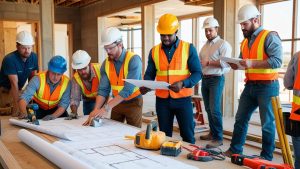 Construction team in Wylie, Texas reviewing architectural blueprints and project plans on-site, highlighting collaboration and contractor planning for bonded public projects.

