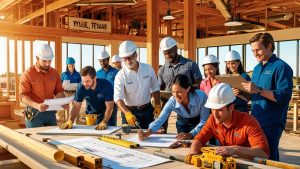 Diverse construction crew working inside a commercial building project in Wylie, Texas with signage, demonstrating teamwork and licensed contractors using performance bonds USA.

