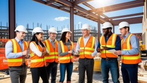 Construction team in York, Pennsylvania wearing high-visibility vests and hard hats, discussing project plans at an active job site with steel framing structures.