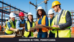 Group of engineers and contractors reviewing blueprints on a commercial construction site in York, Pennsylvania with steel framework and cranes in the background.