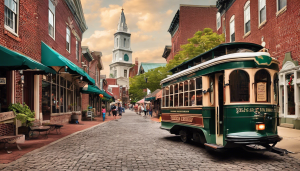 Historic downtown York, Pennsylvania with a classic green trolley on cobblestone streets, showcasing local charm and revitalization supported by performance bond-backed construction.