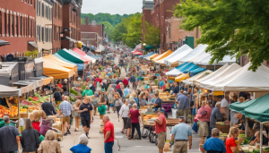 Crowds at the Central Market District in downtown York, Pennsylvania, featuring vibrant vendor tents and a bustling local economy tied to public development projects.