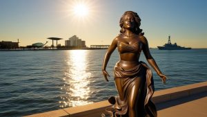 Scenic view of a bronze statue along the Corpus Christi Bayfront in Texas, with the USS Lexington aircraft carrier and city skyline in the background at golden hour.