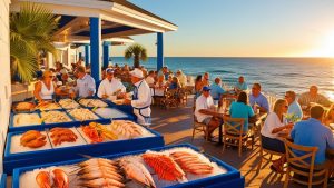 Fresh seafood display and open-air dining at a coastal restaurant in Corpus Christi, Texas, with guests enjoying Gulf views at sunset.