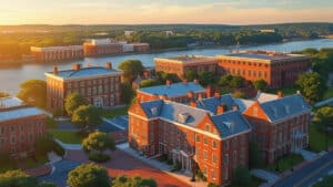 Historic red-brick government buildings near waterfront in Alexandria, Virginia at sunset, symbolizing municipal projects requiring performance and payment bonds