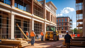 Contractors in safety gear working at a public construction site in Alexandria, Virginia, where performance bonds are required for project compliance