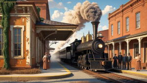 Historic steam locomotive arriving at an old Auburn WA train station with passengers in period clothing, showcasing Auburn's heritage.