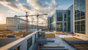 Modern construction site in Auburn Washington with cranes and high-rise office buildings under development at sunrise.