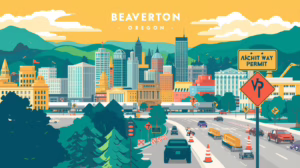 Beaverton Oregon skyline illustrating public streets and infrastructure subject to right-of-way permit bond requirements