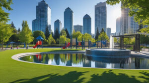 Downtown Bellevue, Washington park with children’s playground, fountain, and high-rise buildings in the background