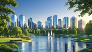 Scenic lake with sailboats and modern skyline in Bellevue, Washington surrounded by landscaped greenery