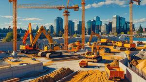 Commercial construction site in Bellevue, Washington with excavators, cranes, and high-rise buildings in the background