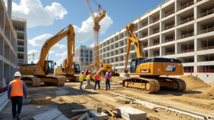 Construction workers and heavy machinery at a large-scale building site in Beloit, Wisconsin, under sunny skies.