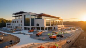 Large-scale municipal or academic facility under development in Blacksburg, VA with construction crews and machinery at work.