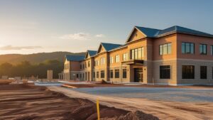Modern commercial building under construction in Blacksburg, Virginia during sunrise, highlighting active site development.