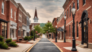 Historic downtown street in Blacksburg, Virginia with red brick buildings, local shops, and scenic mountain backdrop