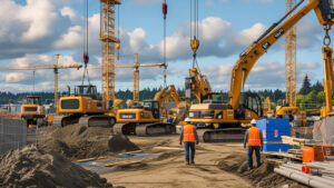 Close-up of heavy machinery and construction workers on a major development project in Burien, Washington, under partly cloudy skies.