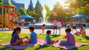 Families enjoying a sunny day at a public park in Burien, Washington, with a splash fountain and modern playground equipment in the background.