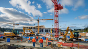 Active construction site in Burien, WA, featuring cranes, excavators, and workers building a large commercial or residential project.