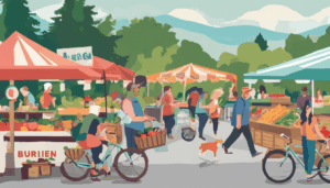 Illustrated view of Burien Farmers Market with people shopping for local produce, riding bikes, and enjoying a vibrant outdoor community setting.