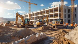 Active construction site in Casper, Wyoming with heavy equipment and contractors working on a public project requiring performance and payment bonds.