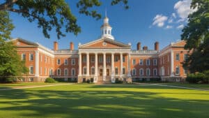 Historic courthouse-style government building with classical columns in Charlottesville, Virginia