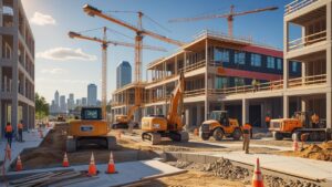 Large-scale commercial construction site in Chesapeake, VA with cranes, heavy equipment, and downtown skyline in the background