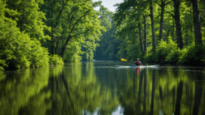 Kayaker paddling through the scenic Dismal Swamp Canal surrounded by lush green trees in Chesapeake, Virginia