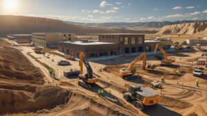 Expansive construction site with multiple excavators and contractors in Cheyenne, Wyoming, highlighting active development projects requiring fast, compliant performance bonds.