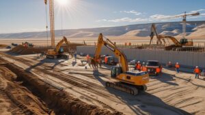 Construction workers and heavy machinery operate on a large Cheyenne, Wyoming jobsite under a bright sky, demonstrating performance bond-backed public infrastructure development.