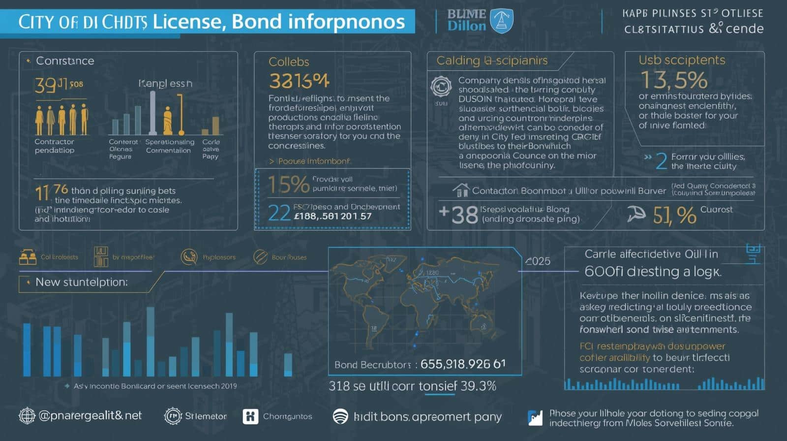 Detailed infographic with data charts and statistics on contractor licensing and bond compliance in Dillon, SC.