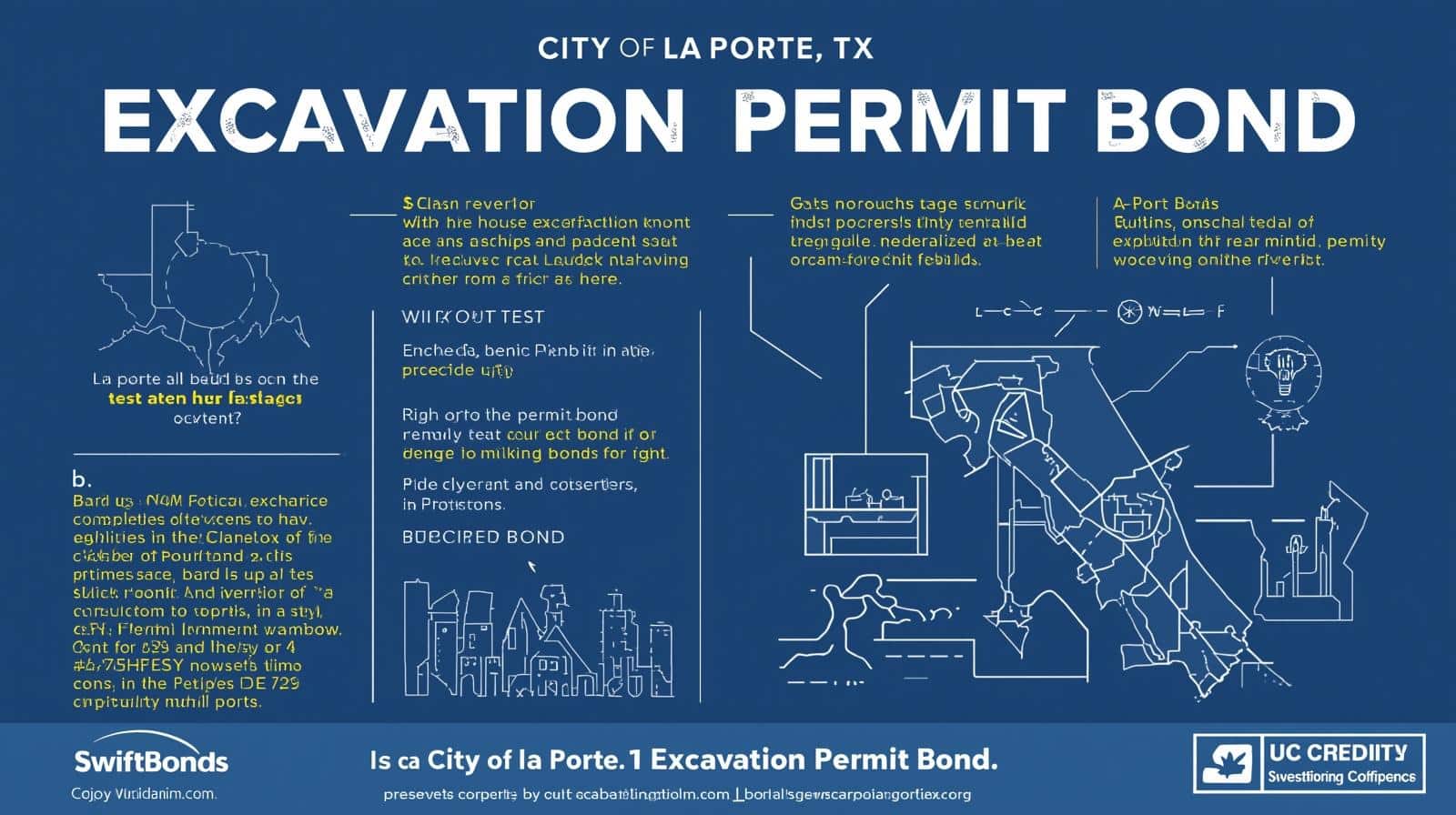 Blueprint-style infographic showing the City of La Porte, TX Excavation Permit Bond process with diagrams and permit steps.