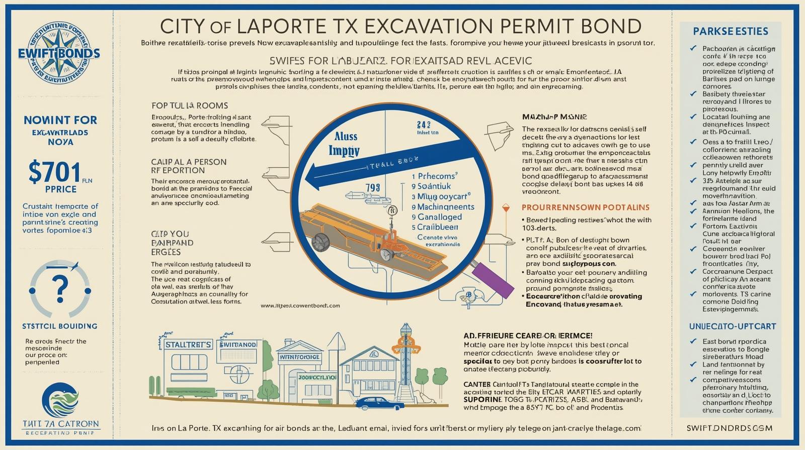 Illustrated infographic detailing excavation permit bond requirements, pricing, and compliance steps for La Porte, TX.