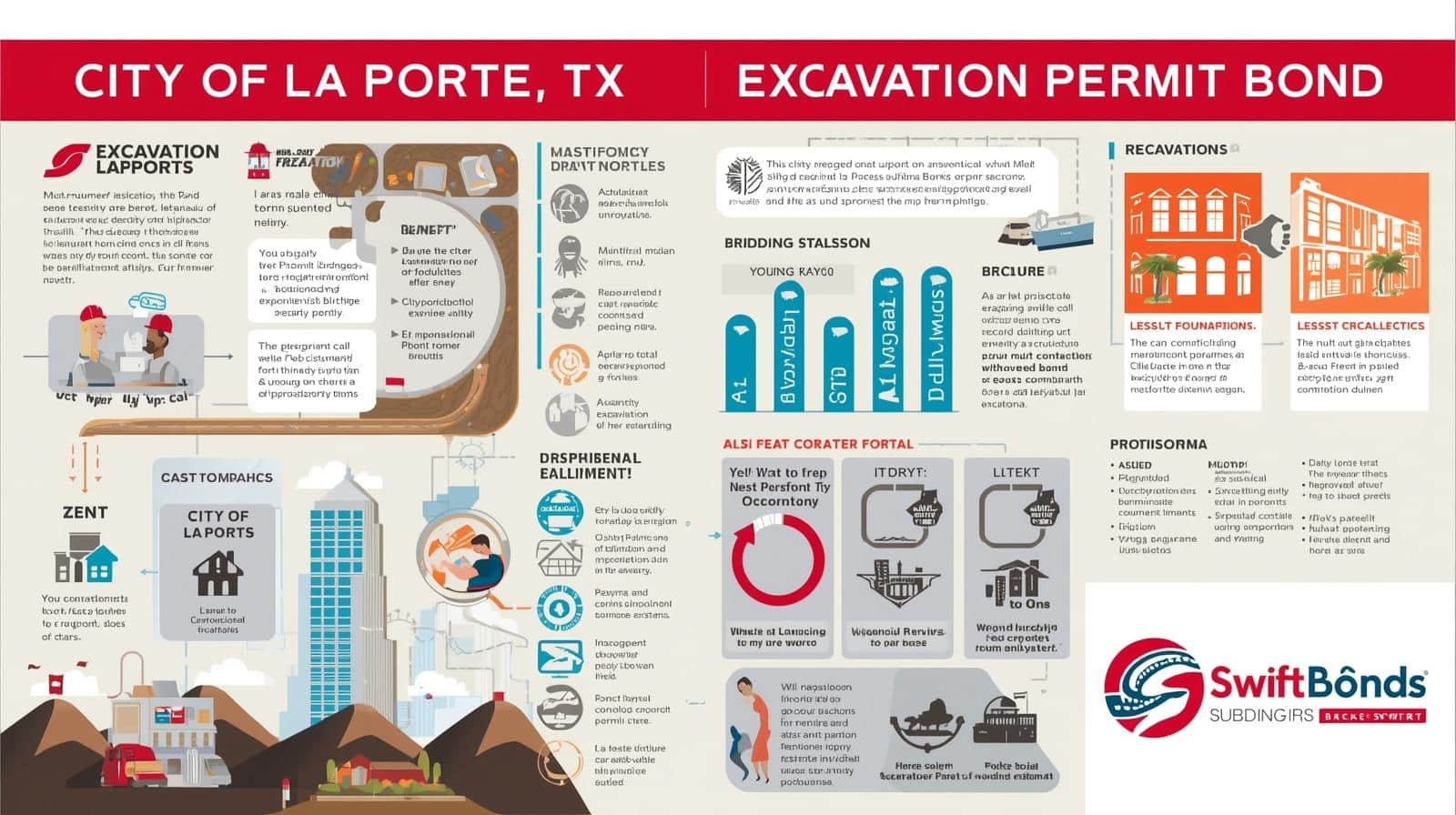 Visual breakdown of excavation permit bond benefits, requirements, and processes with construction-themed graphics.