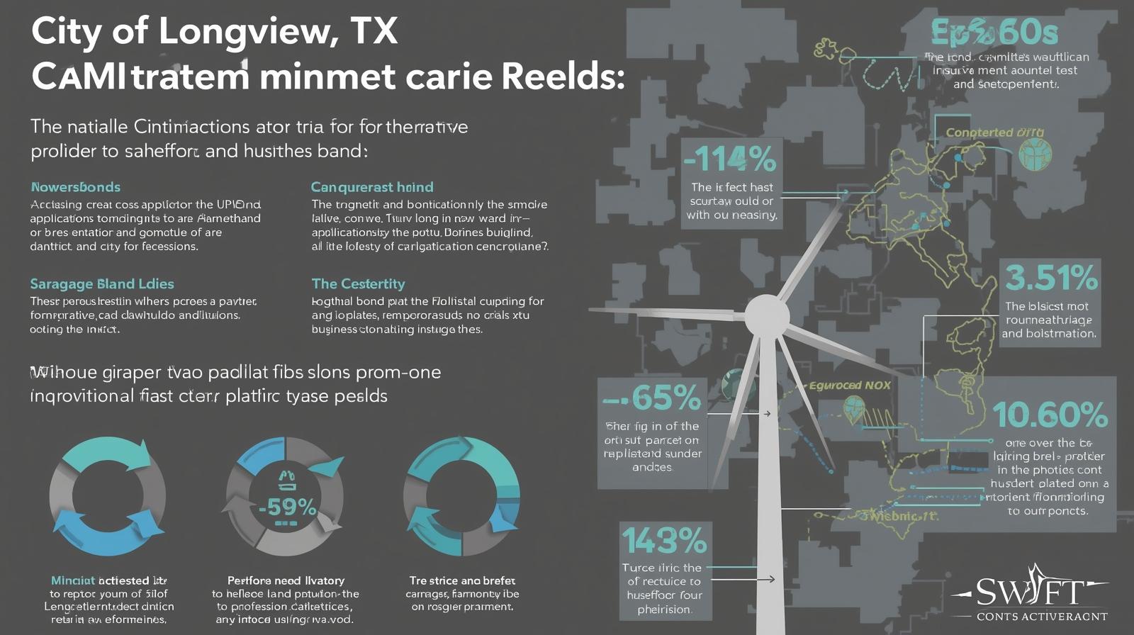 Gray infographic with wind turbine graphic showing key statistics and impacts of the City of Longview, TX Combination Contractor Bond.