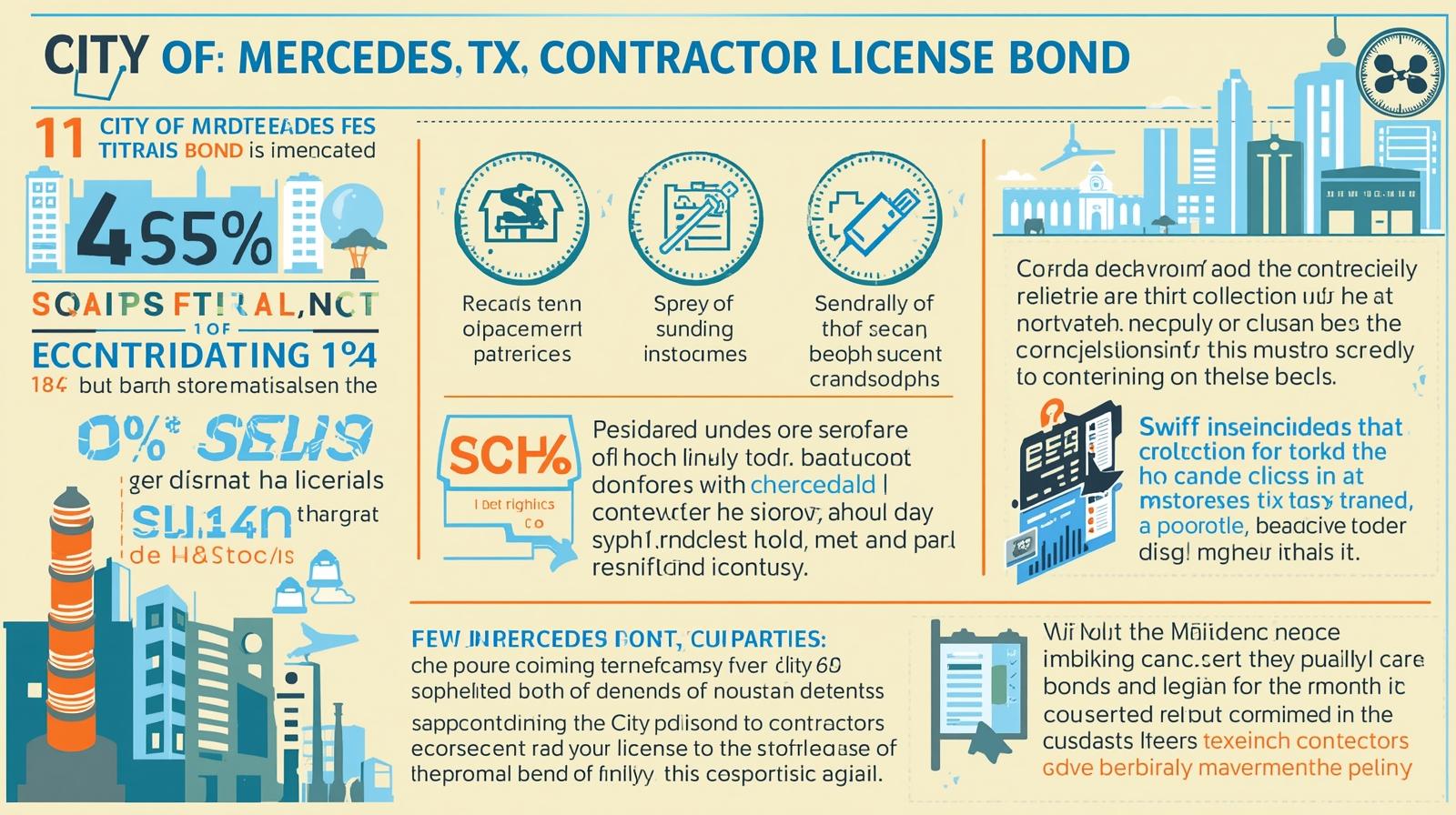 Colorful infographic explaining the City of Mercedes, TX Contractor License Bond process, benefits, and compliance requirements.