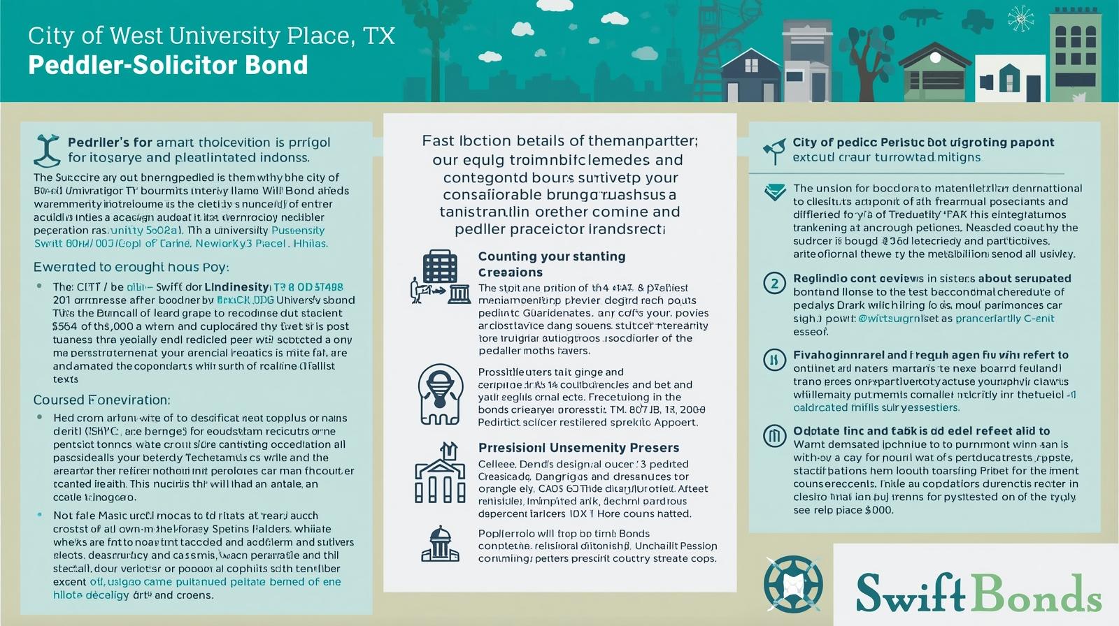 Informational infographic explaining the City of West University Place, TX Peddler-Solicitor Bond with key requirements and compliance tips.