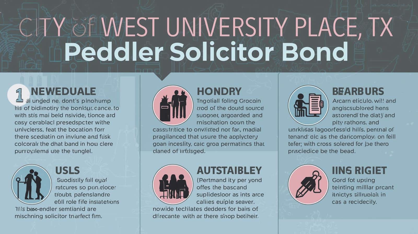 Illustrated guide detailing steps and obligations for obtaining a peddler-solicitor bond in West University Place, TX.