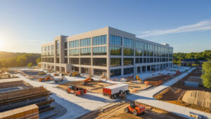 Large government or office building under development in Danville, Virginia with construction vehicles and materials in foreground