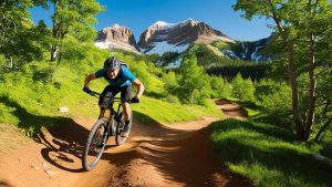 Mountain biker riding on scenic dirt trail surrounded by trees in Draper, Utah with snow-capped peaks in background