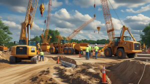 Eau Claire, Wisconsin infrastructure project with cranes, bulldozers, and workers in safety vests on a dirt construction site